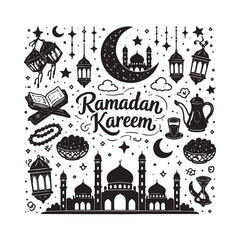 Naklejka premium Ramadan Kareem 2026 Silhouette Doodle Design Black Mosque Lantern Crescent Moon White Background Art