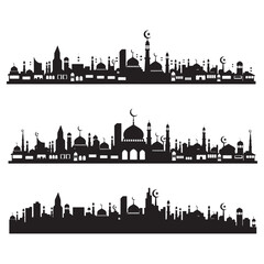 Islamic City Skyline Silhouette and Continuous One Line Drawing Collection of Mosque Minaret Dome and Crescent Moon for Ramadan Kareem and Eid Mubarak Decoration