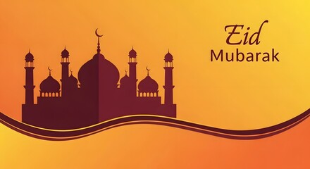 Eid Mubarak message with mosque silhouette and crescent moon on a warm orange and yellow gradient background