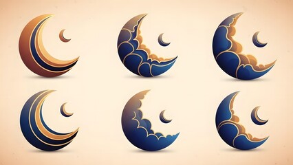 Fototapeta premium Decorative Crescent Moons with Intricate Patterns and Clouds for Ramadan