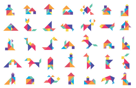 Colorful tangram puzzle shape collection of animals, houses, objects. Educational toy concept, logical brain game. Preschool, learning aid, app icon use. Flat graphic vector illustration.