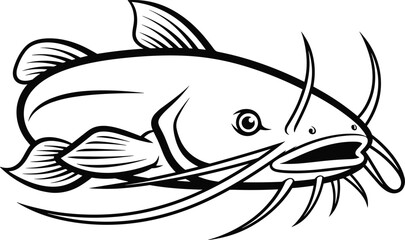 Obraz premium Black and white catfish line art vector illustration with detailed whiskers and fins isolated on white background for fishing tournament or seafood restaurant logo.