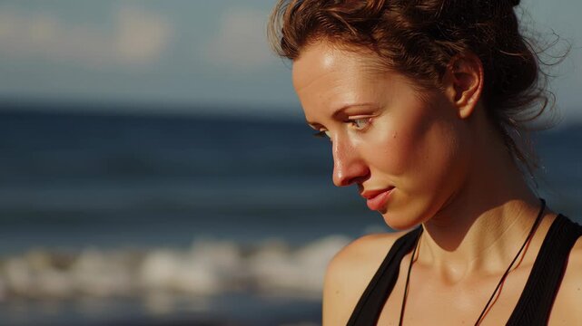 Woman closing her eyes and feeling the warm sunlight on her face, practicing meditation and yoga for inner peace, emotional well being, and a healthy lifestyle in a serene outdoor setting mindfulness