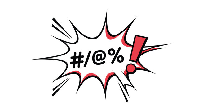 Comic book style explosion illustration, featuring expletive symbols and exclamation mark, vibrant vector graphic, dynamic pop-art effect, action and impact visual.