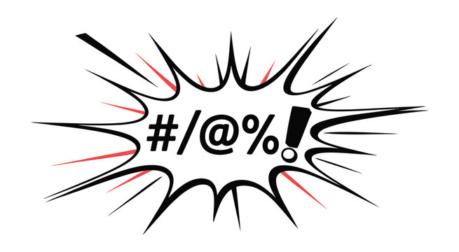 Comic book style explosion illustration, featuring expletive symbols and exclamation mark, vibrant vector graphic, dynamic pop-art effect, action and impact visual.