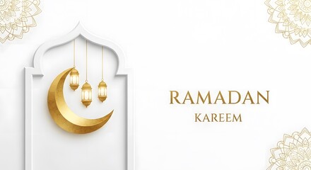 Elegant Ramadan Kareem banner featuring a golden crescent moon and hanging lanterns against a clean white background with bokeh