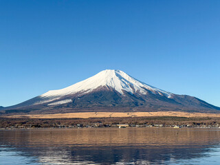 Magnificent Snow-Capped Summit of Mount Fuji at Lake Yamanaka, Japan