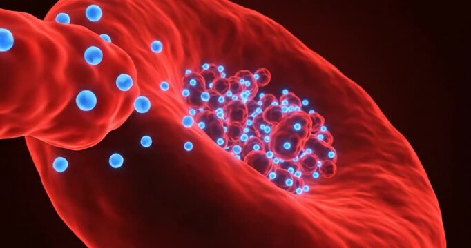 Oxygen molecules binding to hemoglobin in a red blood cell.