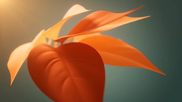 Vibrant orange leaves blowing in the wind against a soft gradient background with warm sunlight shining, creating a sense of movement and energy in a serene natural setting every time.