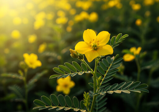 Close-up of Yellow Tribulus Terrestris Flowers Blooming in the Field with Morning Sunlight