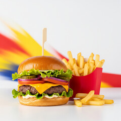 A juicy cheeseburger and crispy fries on a colorful background