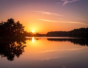 Obraz premium A serene waterscape reflects the vibrant hues of a setting sun. Trees frame the still water. The sky blazes with warmth