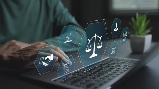 Digital legal advice service with virtual justice and compliance icons. Lawyer or business professional providing legal support, consultation and documentation via online platforms.