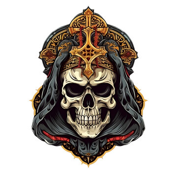 Gothic lich king skull with a golden crown on a transparent background