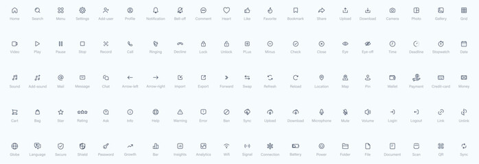 Basic user interface icon set, UI line Icons including Business, finance, ecommerce, media, information, teamwork . Mega set of outline icons in thin line stroke. for app, website icon collection.