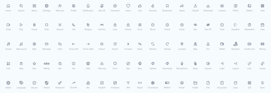 Basic user interface icon set, UI line Icons including Business, finance, ecommerce, media, information, teamwork . Mega set of outline icons in thin line stroke. for app, website icon collection.