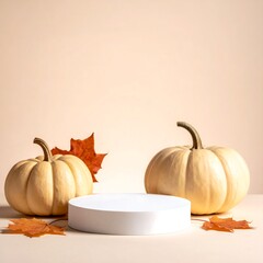 Autumn Product Display with Pumpkins and Leaves on Beige Background.