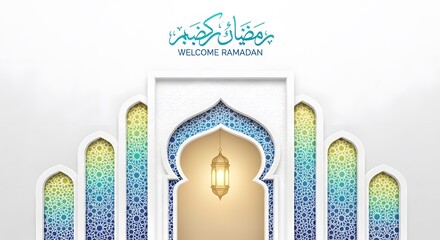 Welcome Ramadan greeting with a central glowing lantern inside an ornate archway, flanked by colorful, luminous Islamic windows