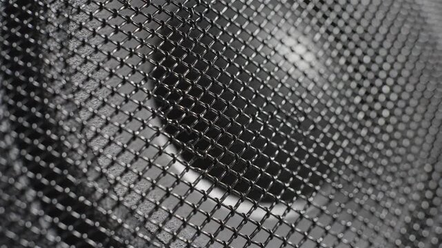 Close-up of a speaker cone vibrating behind a metal mesh grille. Audio equipment detail with subtle movement. Sound technology concept