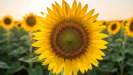 Obraz premium Close-up of a vibrant sunflower in a field, with others blurred in the background, golden light