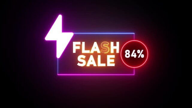 Neon flash sale sign with eighty four percent discount and lightning bolt graphic 84 percent