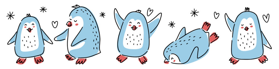 Vector collection of cute hand-drawn penguins in doodle style