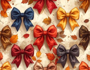 Autumnal Bows - A Colorful Array of Decorative Ribbons and Fall Leaves.
