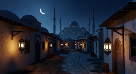 Mystical night scene of an ancient Islamic village with glowing lanterns, leading to a grand mosque in the distance under a starry sky