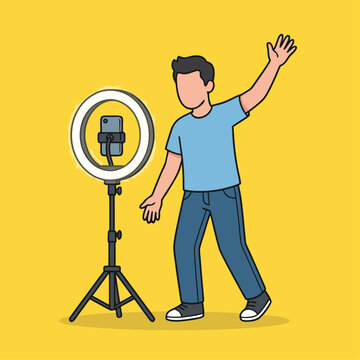 Man recording video with ring light and smartphone.