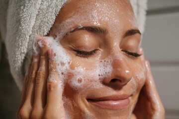 Woman cleansing face with foam cleanser