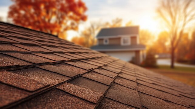 Close-up of asphalt shingle on a residential roof at sunrise indicating shingle repair and roof repair service work.