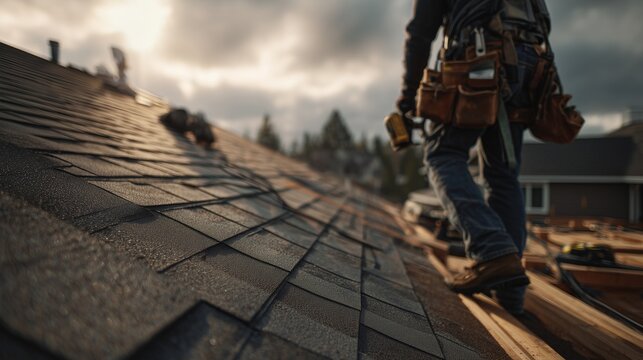 Worker on asphalt shingle roof performing inspection and repair at sunrise, ladder, tool belt and replacement shingle visible, conveying roof maintenance and shingle repair.