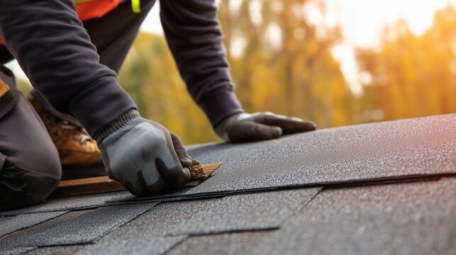Worker inspecting and repairing asphalt shingle on a roof during maintenance, using gloved hand to lift and align shingle edge.