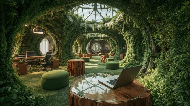 Ufficio moderno ecosostenibile con postazioni di lavoro immerse nel verde e piante. Generative AI 