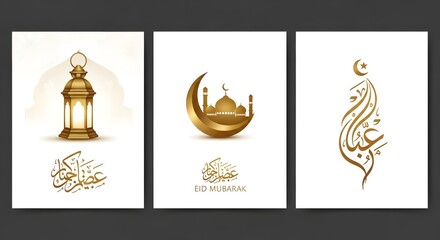Collection of three elegant Eid Mubarak greeting cards featuring golden Islamic motifs: a lantern, a crescent moon over a mosque, and Arabic calligraphy.