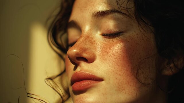 Woman with natural freckled skin closing her eyes, feeling the warmth of golden hour sun illuminating her face, reflecting a moment of peace, wellness, and self care mindfulness
