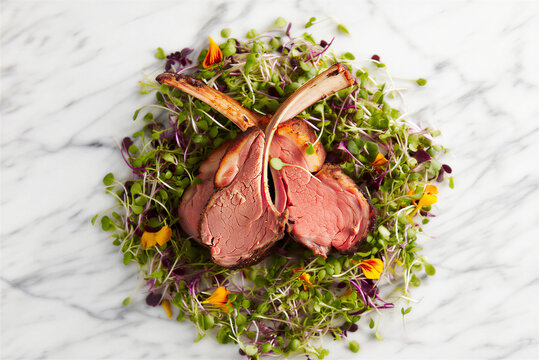 Deliciously prepared rare rack of lamb served atop a bed of vibrant microgreens and edible flowers on a marble surface