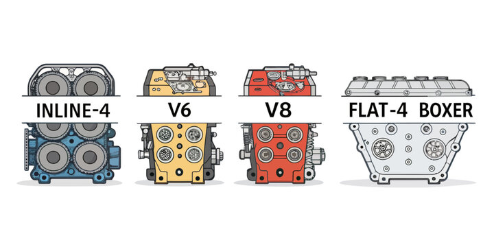 Engine Types Diagram - Inline-4, V6, V8, Flat-4 Boxer Engines Comparison
