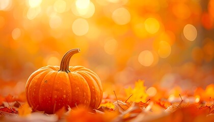 Autumnal Pumpkin Amidst Golden Leaves - A Harvest Season Still Life.