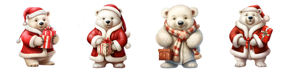 Set of cute Christmas polar bears in Santa costumes on a transparent background