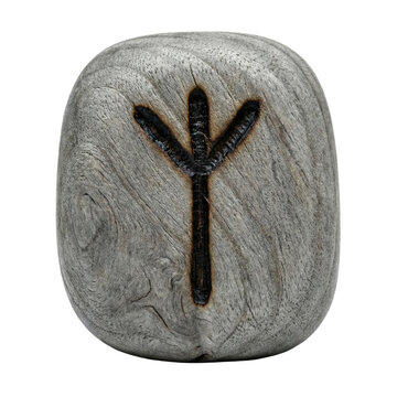 Wooden rune stone with burnt Algiz symbol isolated. Viking protection amulet.