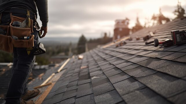 Worker on asphalt shingle roof inspecting storm damage and performing repair and maintenance at sunset, with tool belt and loose shingle visible.