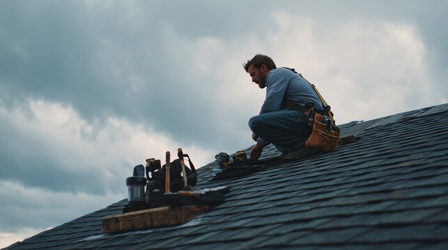 Roofer on shingle roof inspecting and repairing storm damage under cloudy sky, conveying roof maintenance and emergency repair.