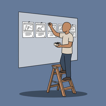 Person on a ladder creating a storyboard for a film project.