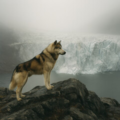 Majestic husky stands on a rocky outcrop overlooking a vast glacial landscape