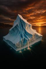 Majestic iceberg with cascading meltwater against a dramatic sunset sky