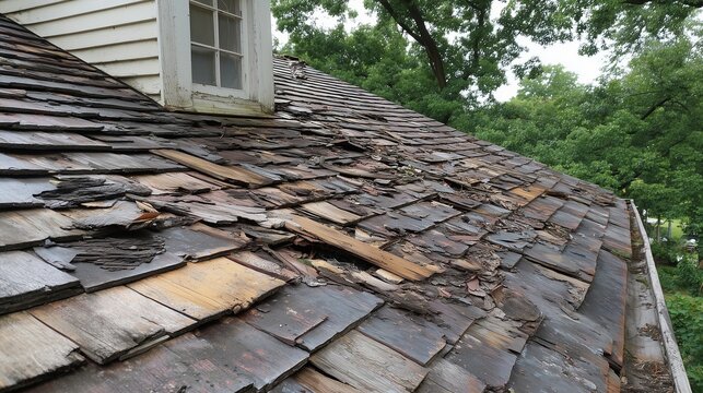 Close-up of a roof with torn, missing, and warped shingle after storm, highlights damaged shingle, underlayment exposure, and need for repair and maintenance.