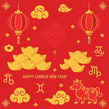 A vibrant red illustration featuring traditional Chinese New Year symbols like lanterns, golden ingots, auspicious clouds, and a festive ox, wishing prosperity.