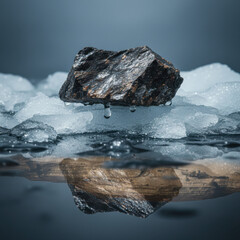 A solitary dark rock rests on melting ice with water droplets falling into dark water