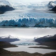 Majestic glacier calving into a serene lake surrounded by snow-capped mountains